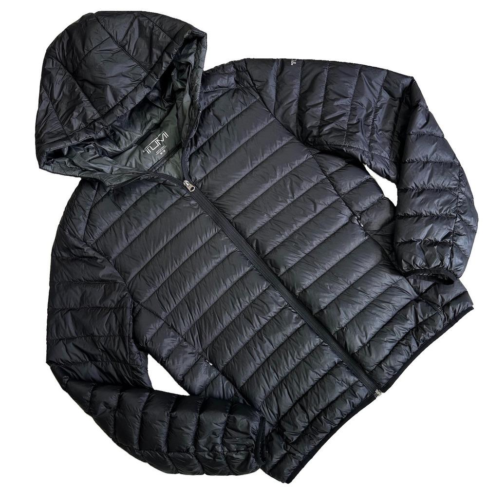 Tumi Pax Jacket Hooded Down Puffer Full Zip Packable Lightweight Men Med Black